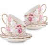 Tea Cup and Saucers, 6.4oz Floral Tea Cups with Gold Trim, Porcelain Bone China Teacup, Coffee Cappuccino Espresso Latte Mugs