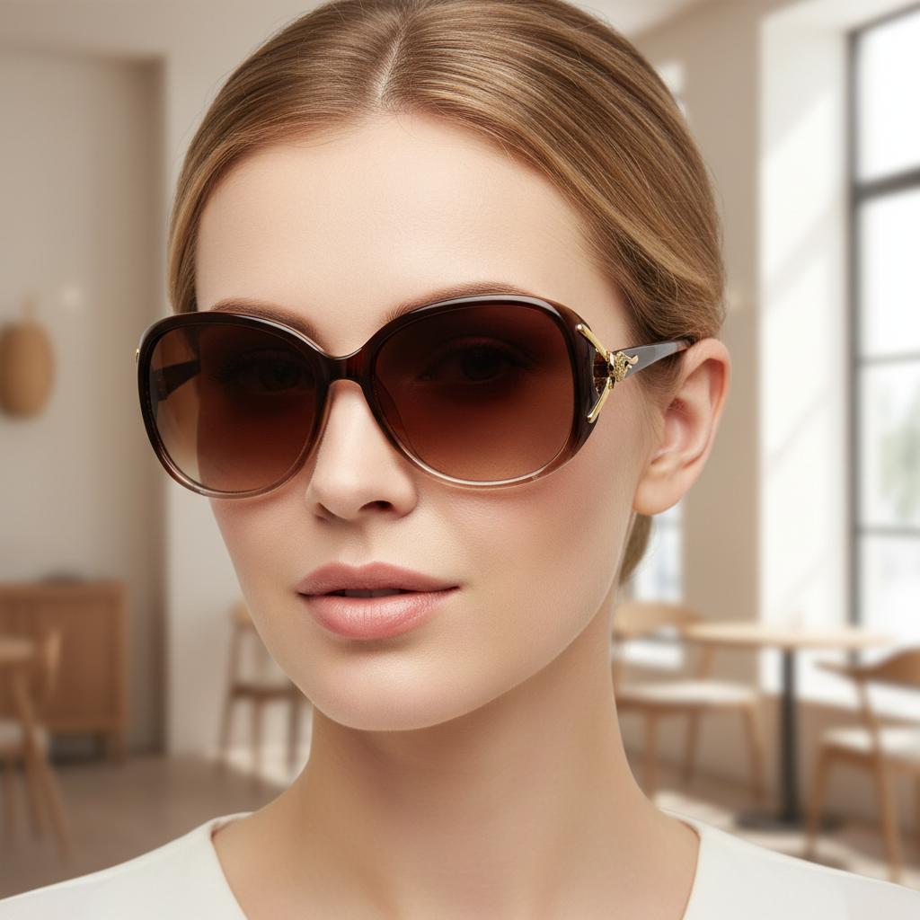 Женские модные солнцезащитные очки оверсайз с градиентными коричневыми линзами и золотым акцентом