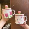 High-value Tulip Ceramic Cup Ins Cute Couple Water Cup with Lid Spoon Mug Souvenir Gift Cup