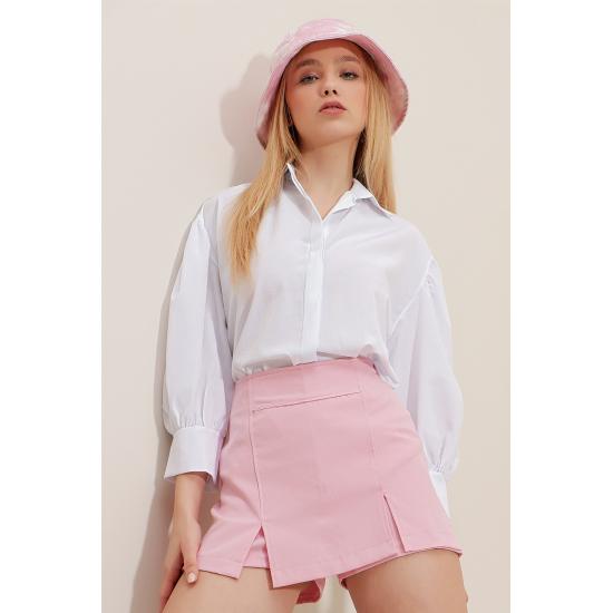 Women's Brown Concealed Pleat Balloon Sleeve Basic Poplin Shirt