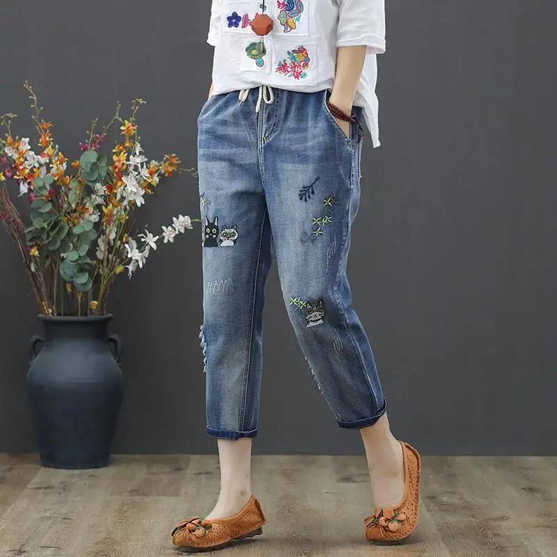 Embroidery Ankle-Length Baggy Jeans Elastic High Waist Capris Lace Up Harem Denim Pants Women Oversized Pantalon