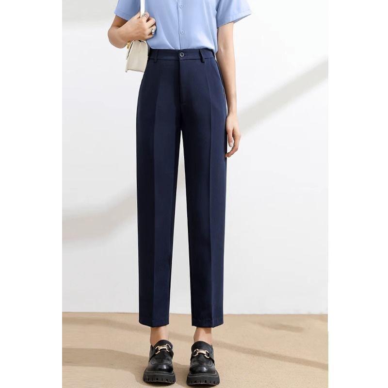 Spring Summer Office Lady Navy Blue Suit Pants Solid Elastic Waist Women Korean Fashion Casual High Waist Slim Straight Trousers