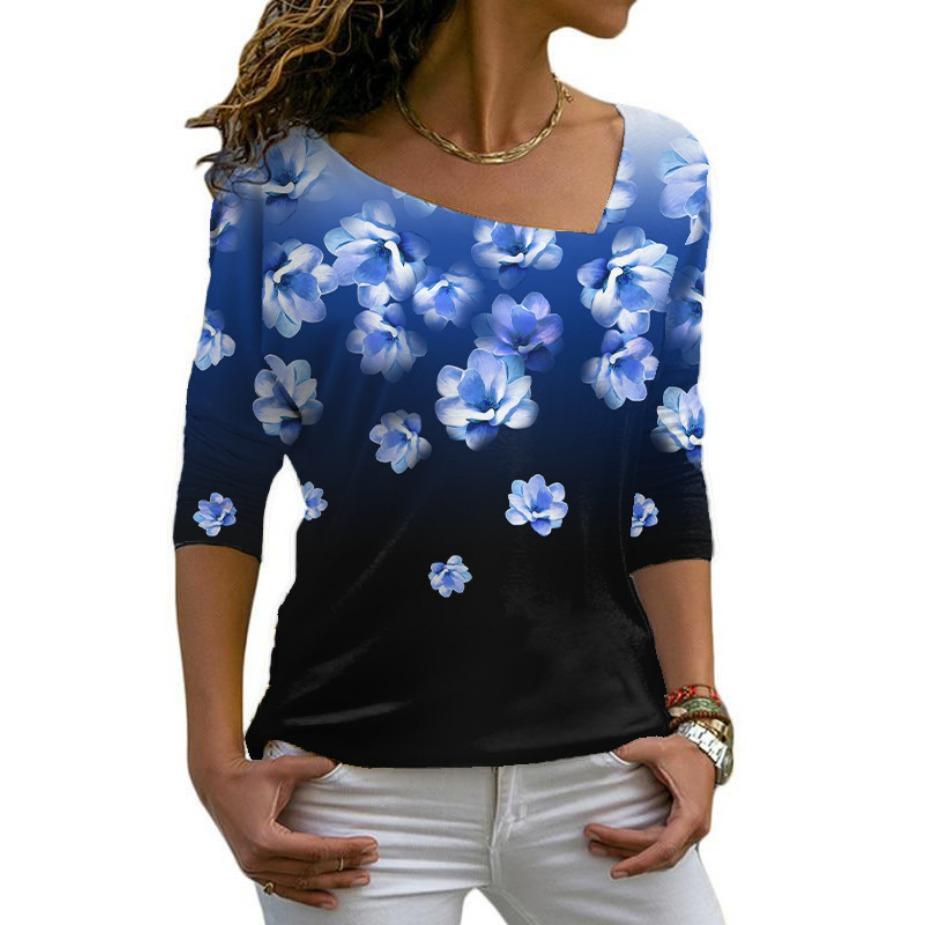 Футболки с косым воротником, длинный рукав, цифровая модная принтованная косая горловина, женская повседневная футболка для женщин