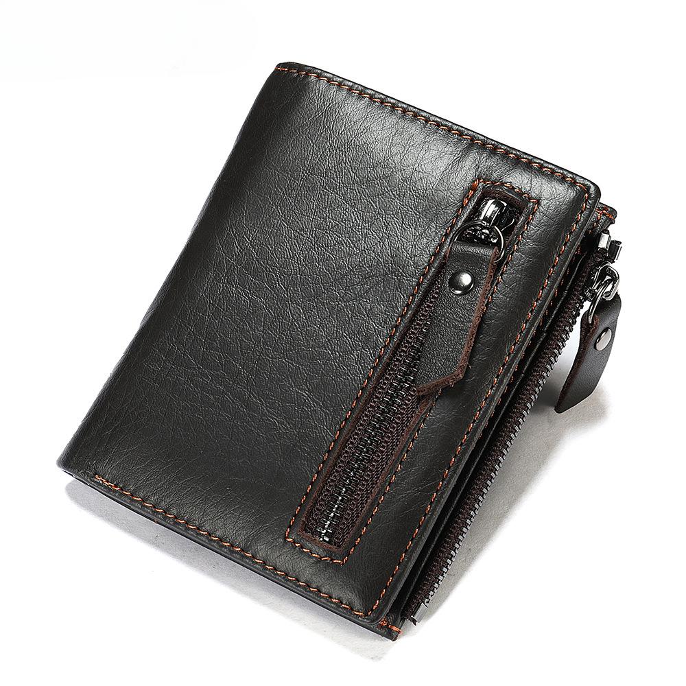 Men's Genuine Oil Waxed Leather Wallet Rfid Anti-theft Swipe Card Bag Multi-card Position Retro Personalized Zipper Wallet