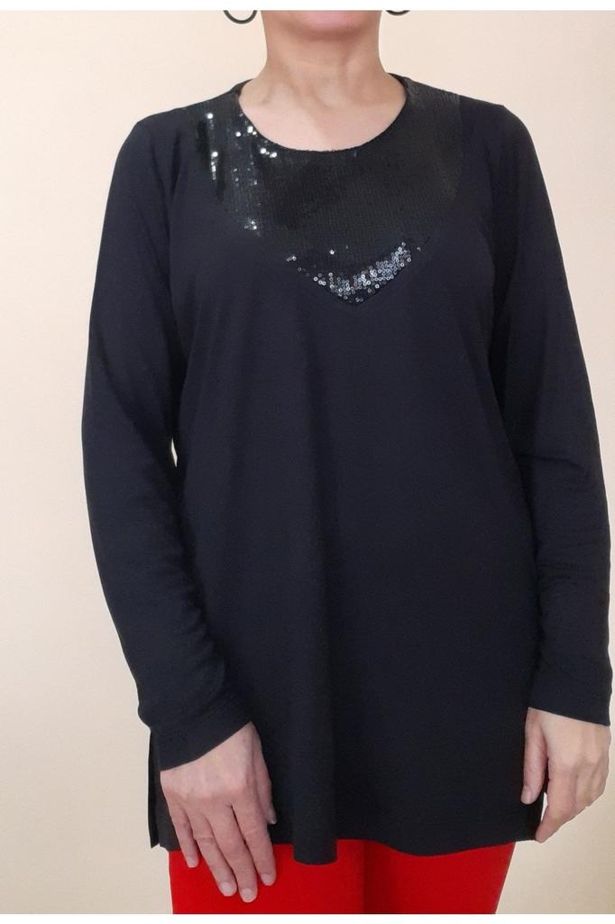 Женская стильная футболка большого размера, черная футболка из вискозы из чесаного хлопка с деталями из палитры пайеток спереди