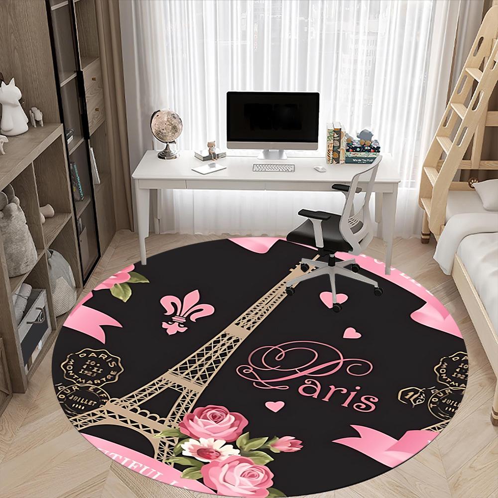 1pc Paris Eiffel Tower Art Carpet for Office Non Slip, Round Carpet, Soft & Comfortable, Carpet for Office, Lightweight Round Floor Mat