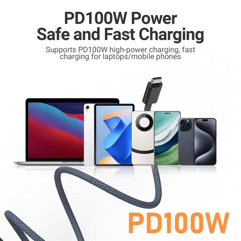 Кабель USB C - USB C с магнитной фиксацией PD 100 Вт 100 Вт PD 3.1 Быстрая зарядка Зарядное устройство Нейлоновая оплетка для iPhone17/16/15 ipad xiaomi