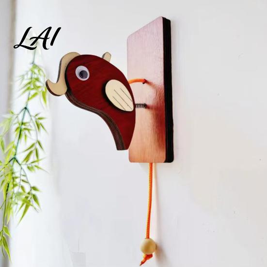 Unique Housewarming Gifts Wooden Woodpecker Door Knocker Rustic Knocker with Pull Rope Interactive Knocking Decor Handmade Cute Doorbell for