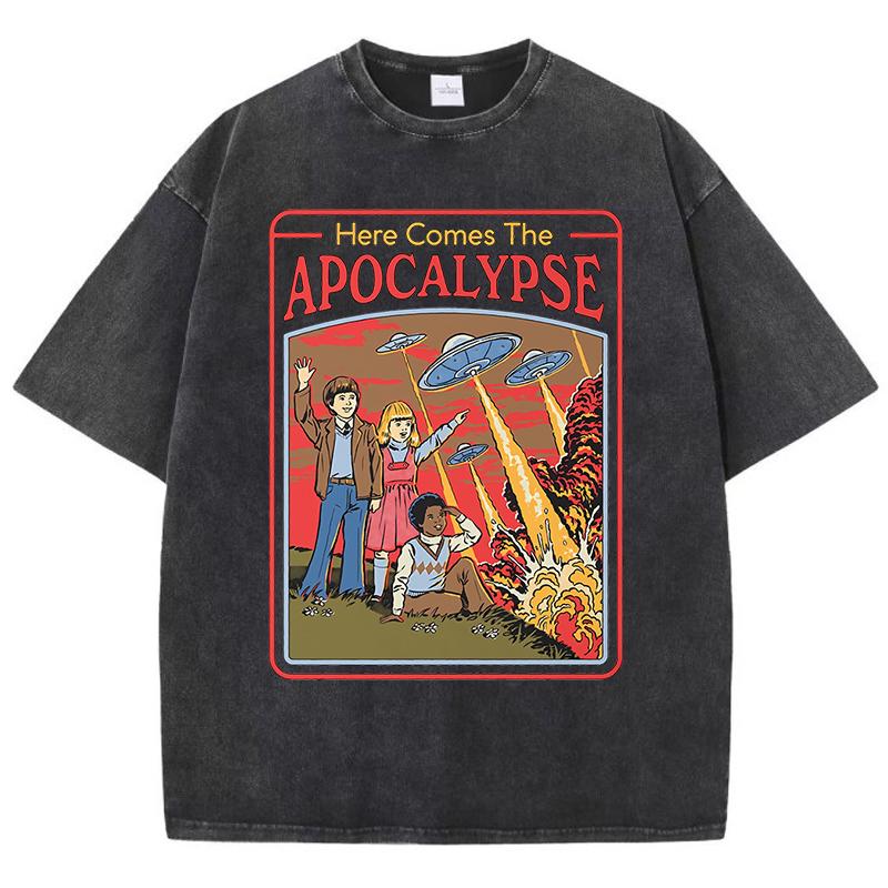 Here Comes The Apocalypse Ufo Washed Retro Мужская одежда Oversize Quality Streetwear Fashion Cotton Tops T Shirt