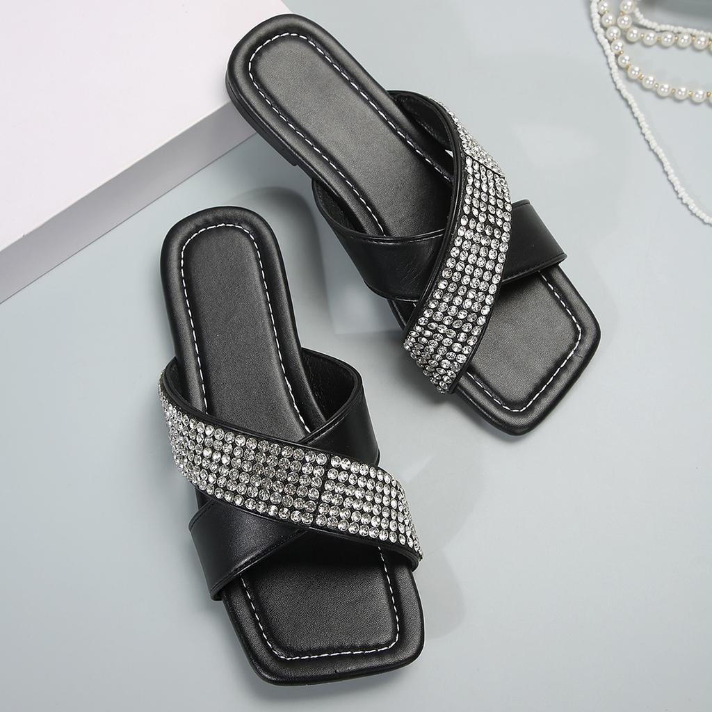 Fashion Summer Large Size Shoes for Women Luxury Rhinestone Black Women Slippers Fashion Shiny Sandals Party Roman Shoe Zapatos De Mujer