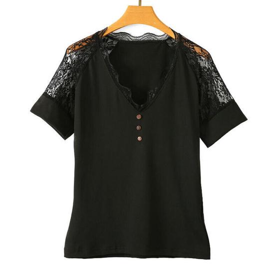 Women Tops V-Neck Hollow Lace Short Sleeve Tee Shirt Slim Fit Solid Color Pullover Tops