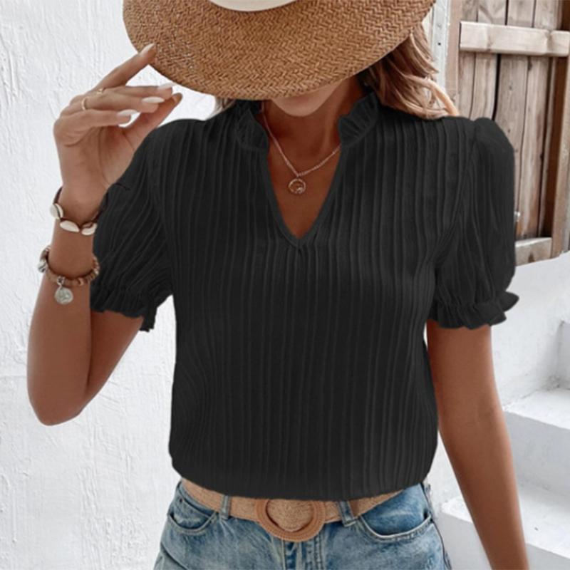 2023 летняя белая рубашка с коротким рукавом, женская винтажная однотонная свободная рубашка с v-образным вырезом, повседневная элегантная кружевная блузка, модная одежда 28006