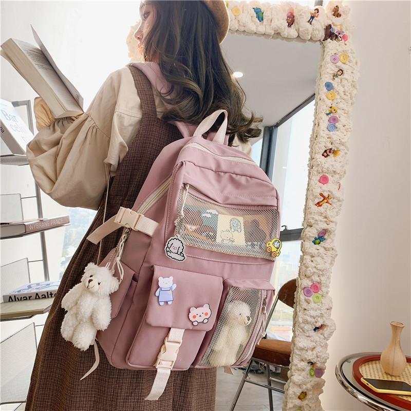 Buckle Badge School Backpack Candy Color Fashion Cute Schoolbag Shoulder Student Bag Teenage Girls College Backpack