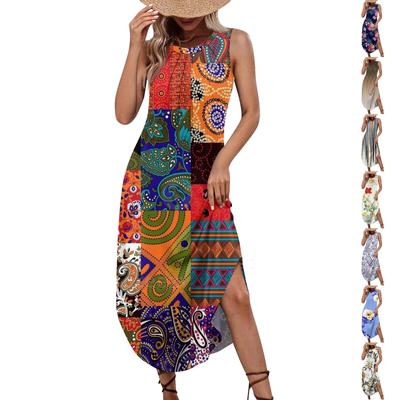 Женские летние повседневные платья без рукавов с принтом и U-образным вырезом