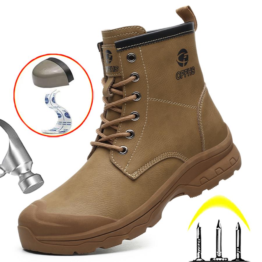 Модные высокие ботинки Рабочие ботинки Неразрушаемая обувь со стальным носком Водонепроницаемые защитные ботинки Прокалываемые антиожоговые мужские кожаные ботинки