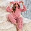 Women Cute Jacquard 2Pcs Sleepwear Pink Hooded Top&pants Warm Fleece Winter Outwear Thicken Sleepwear Pyjamas Femme Loungewear