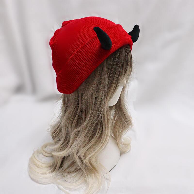 1PC Devil Trendy Warm Stretchy Knitted Playful Beanie Winter-Ready Hat Cold-Resistant Horn Soft-Knitted
