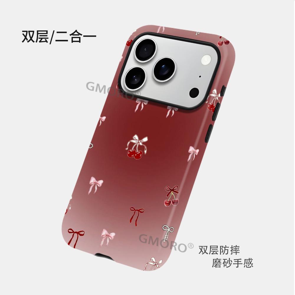 Burgundy gradual change cherry bow mobile phone case Apple 13 two-in-one film case iPhone17 magnetic protective case