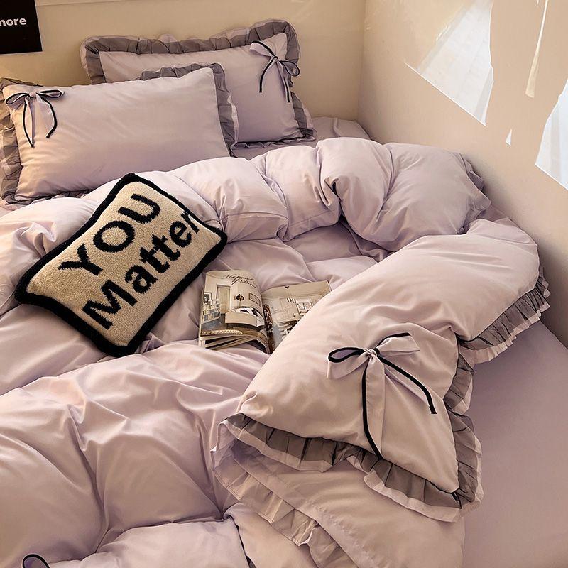 Purple Bow Washed Cotton Quilt Cover Lace Quilt Cover Four-piece Set Single Bed Sheet Dormitory Three-piece Set