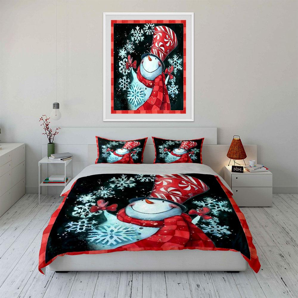 Snowman with Peppermint Hat Bedding Duvet Cover Set Duvet Cover Pillowcases (1*Duvet Cover 2*Pillowcases, without duvet insert)