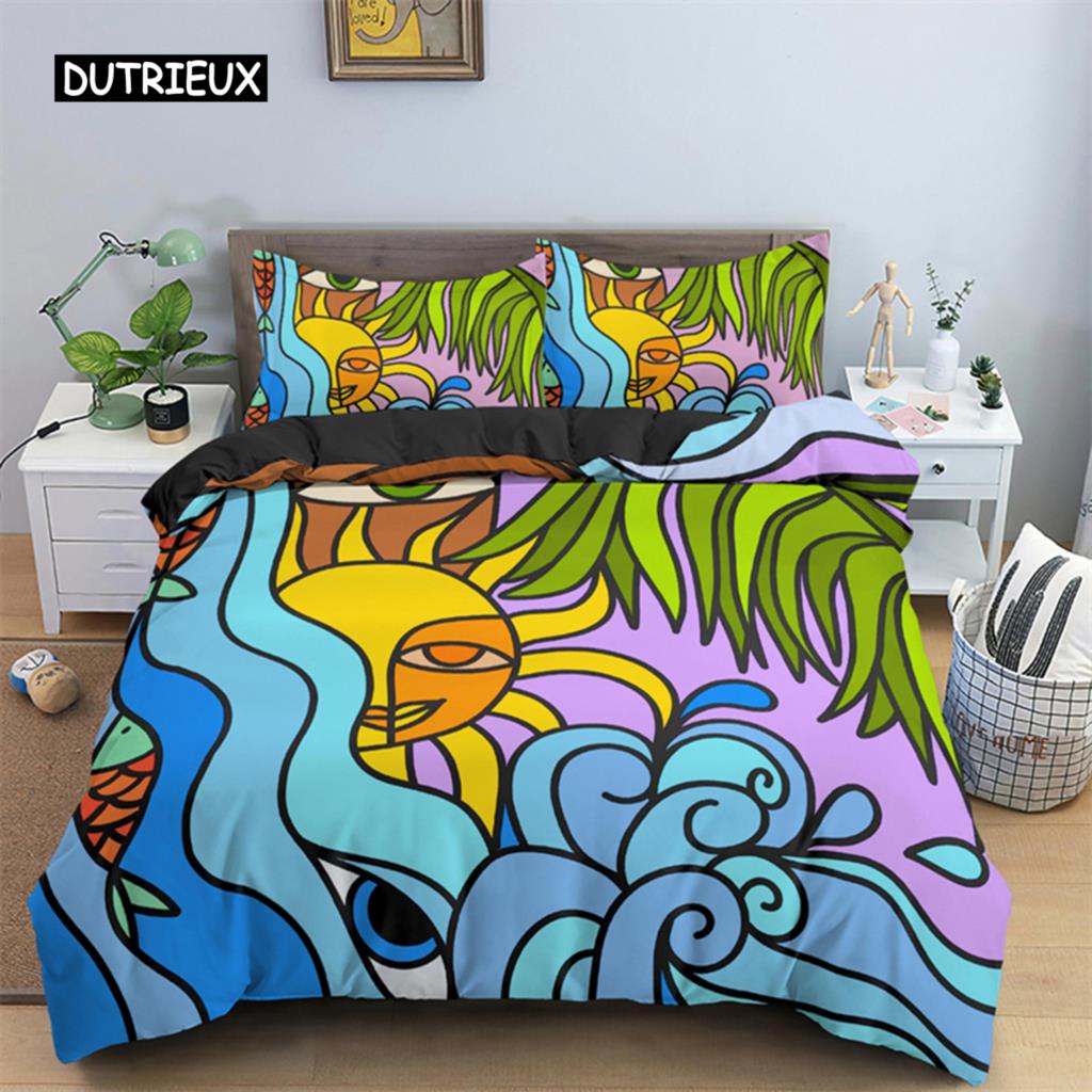 Пододеяльник с абстрактным человеческим лицом, двуспальный, двуспальный, из микрофибры, мистический рисунок, комплект постельного белья с психоделическим граффити