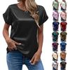 Women's T-Shirt Summer Elegant Solid Round Neck Rolled Short Sleeve Satin Silk Blouse Tops