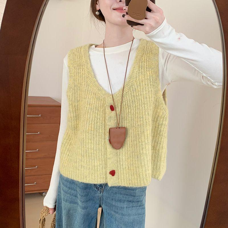 Sweet Heart Button Cardigan Vest Spring Korean Style Casual Sweater Waistcoat Base Layer