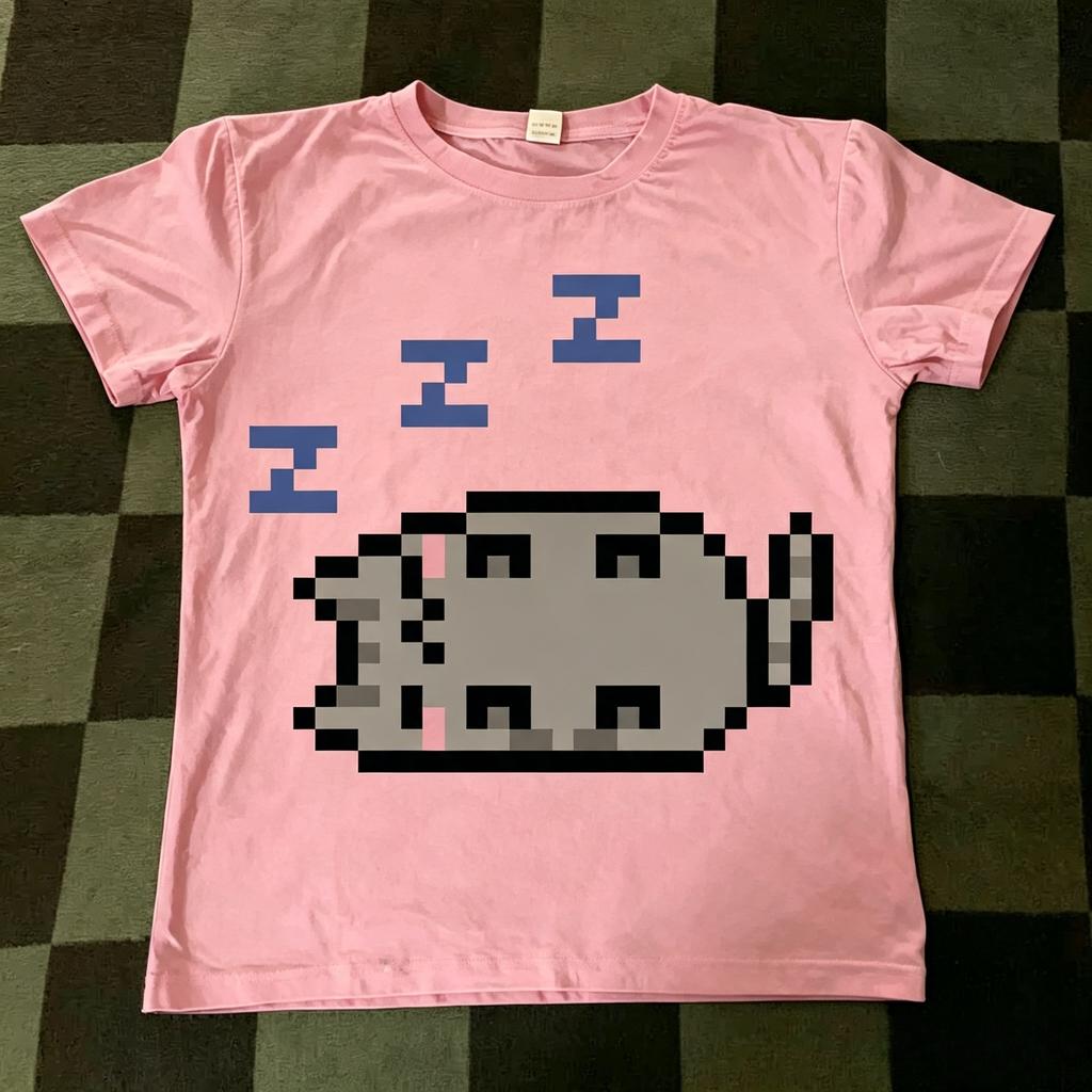 Cute Sleepy Gray Pixel Cat Three Zzz Symbol Graphic T Shirt Simple Pixel Animal Print Cotton Unisexs and Womens T Shirt