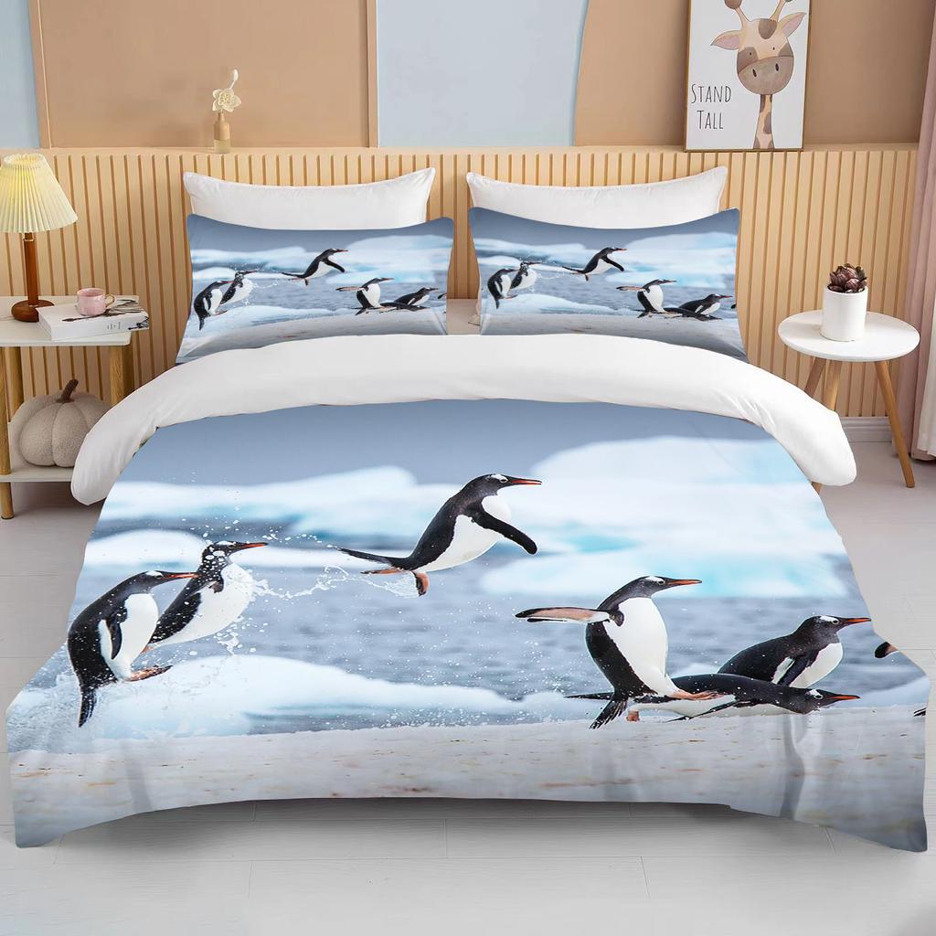 Cute Penguin Bedding 3 Piece Set King Size Double Bed Bedding Set Microfiber or Polyester Duvet Cover Set Kids Bedroom Bed Set