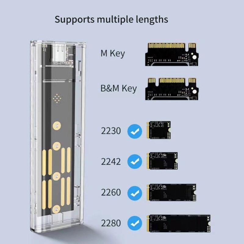 Два протокола Корпус для твердотельного диска Прозрачный USB3.2 USB C 10 Гбит/с PCIE Внешний корпус для твердотельного диска для 2230-2280 Коробка для жесткого диска