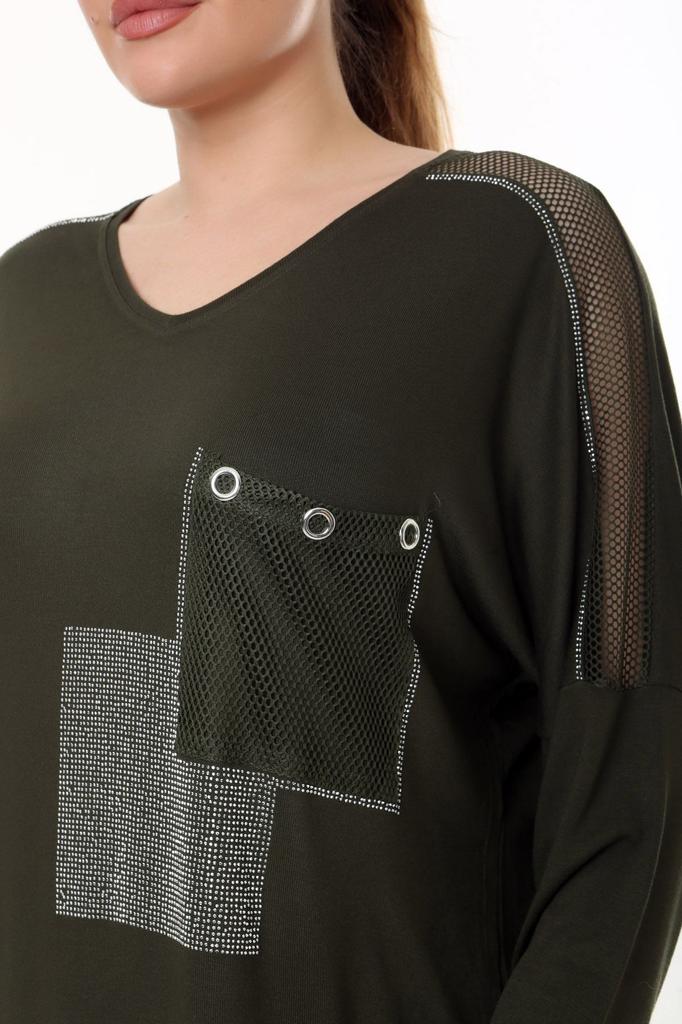 Женская блузка большого размера с v-образным вырезом, карманами и рукавами, сетчатая деталь, каменная вышивка, длинный рукав, удобная и струящаяся гибкая блузка