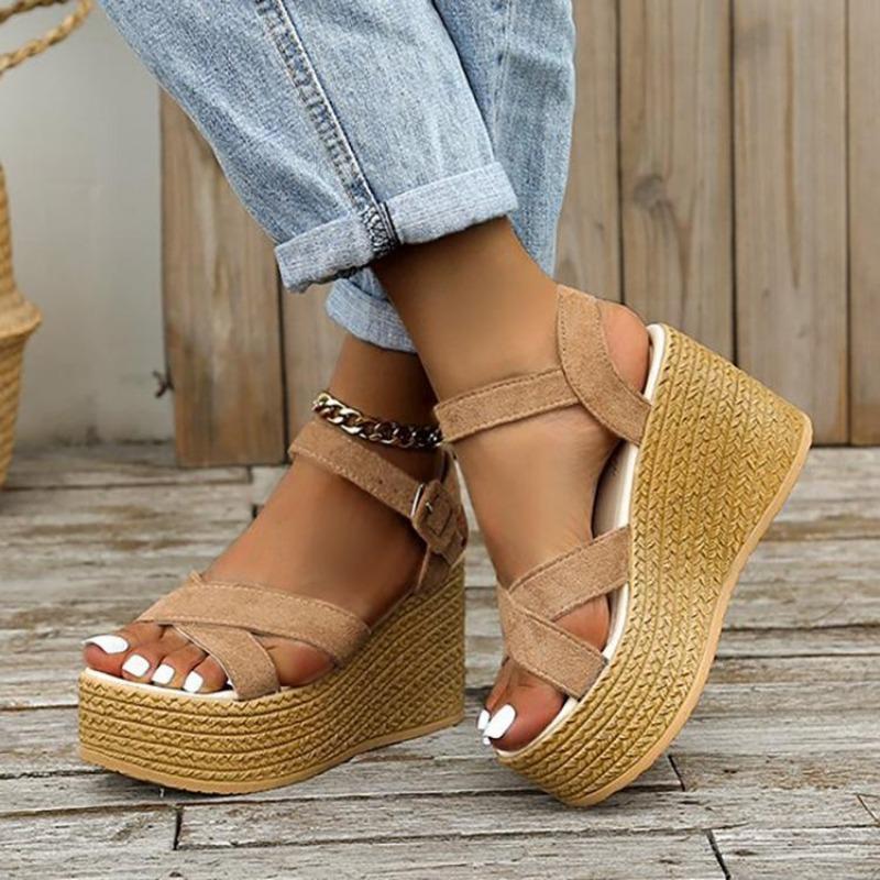 Женские сандалии большого размера на покатом каблуке, летние повседневные пляжные сандалии с пряжкой и толстой подошвой, размеры 34-43