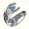 Silvery Vintage Distressed Bohemian Style Turquoise Carved Black Ring for Women