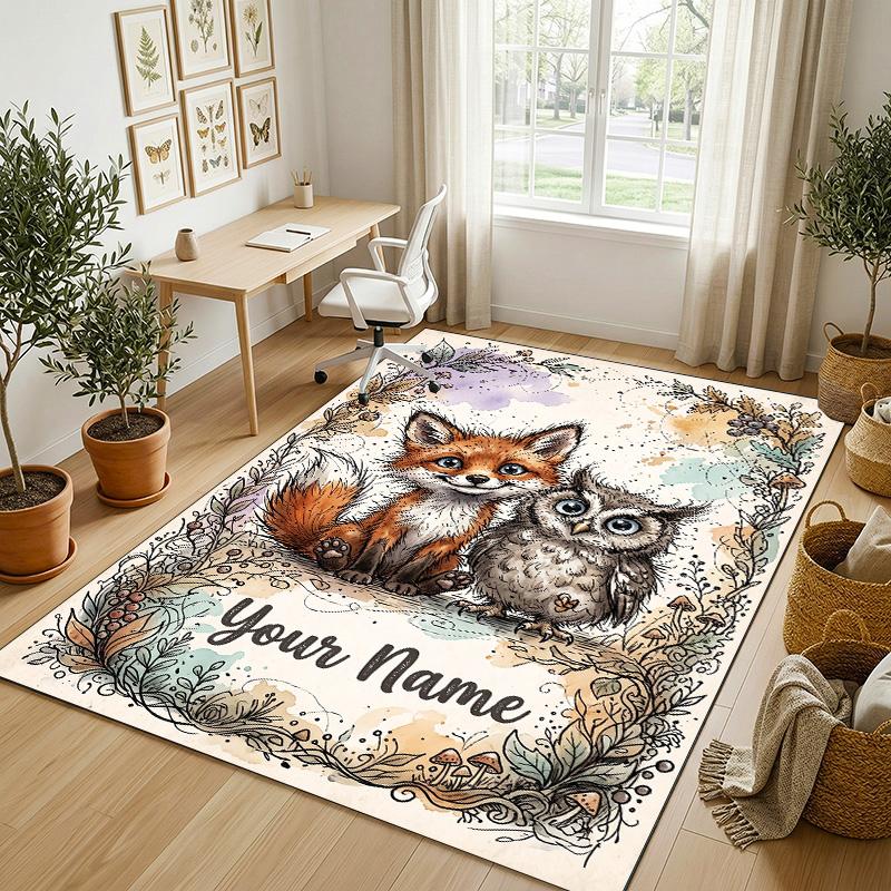 Fox Owl Theme Soft Crystal Velvet Rug Custom Name & Text Print Non Slip Floor Rug for Bedroom Living Room