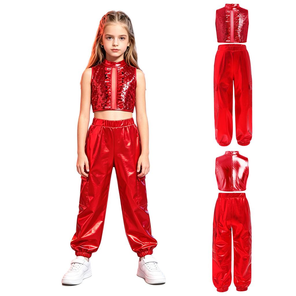 Девочки Джазовый Танцевальный Укороченный Топ с Воротником-стойкой Без Рукавов Застежка-молния Сзади Невидимая С пайетками Металлический Пэчворк Воланы с Блестящими Штанами для Сценического Выступления