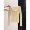 Skinny bottom top with exposed collarbone Women's autumn semi-open neck button pit strip short long-sleeved knitted sweater