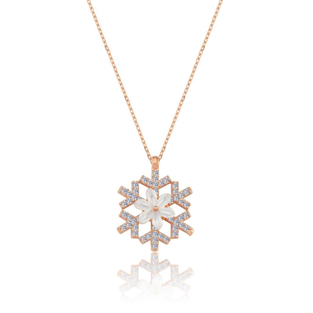 Sparkling Snow Crystal Magnolia Flower Rose Color Flowers Silver Necklace