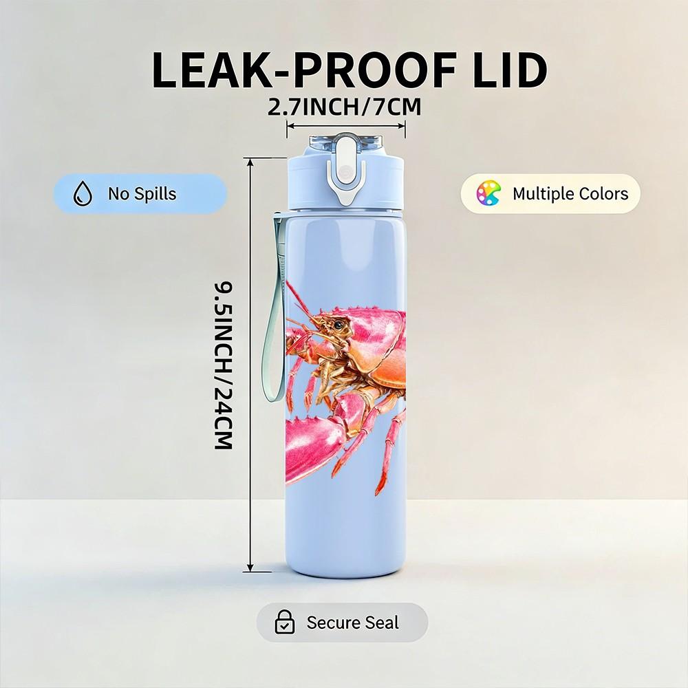 1PC Bright Red Lobster Seafood Animal Print 750ml Color Plastic Sports Water Bottle Leakproof Flip Straw Lid Suitable for Sports Office Home Use
