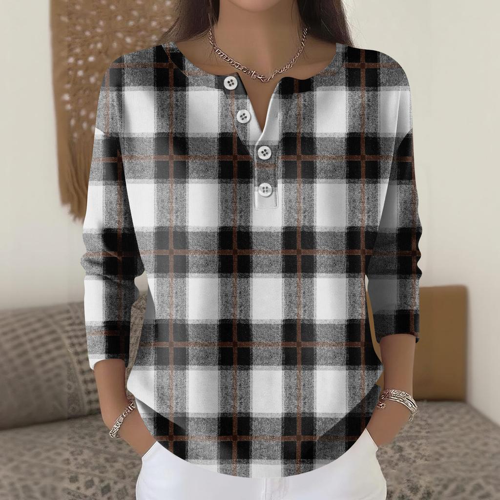 Women's Fashion Long Sleeve Plaid Geometric Print Top Elegant Casual Top