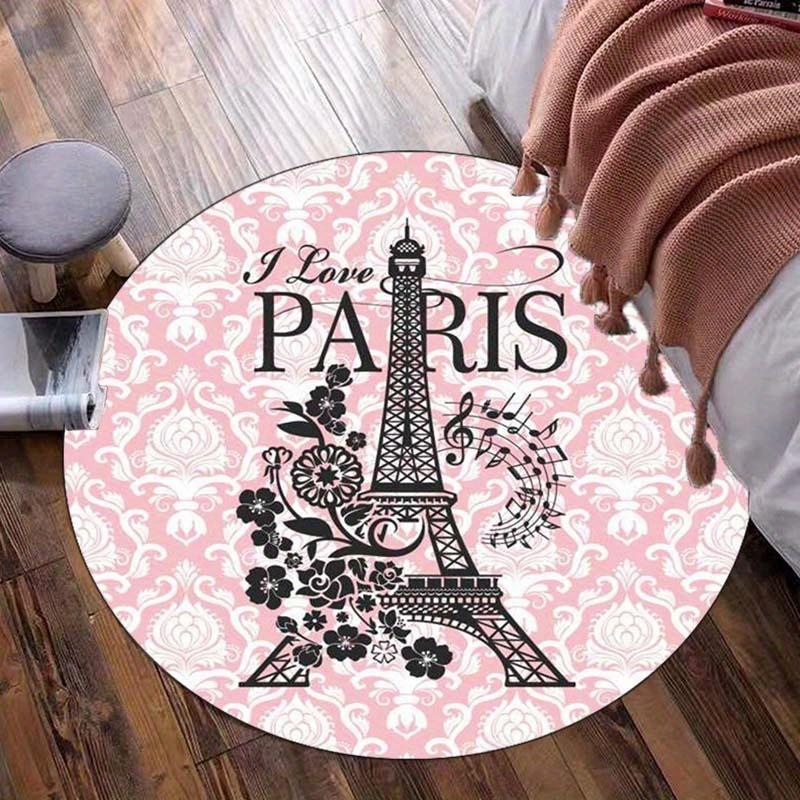 I Love Paris Eiffel Tower Floral Round Rug Flannel Romantic Travel Gift for Bedroom Bathroom France Themed Home Decoration