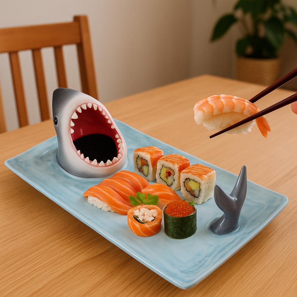 Tableware 3D Shark Ceramic Plate Independent Sauce Area Large Capacity Dumpling Plate Ceramic Japanese Style Food Platter Gift