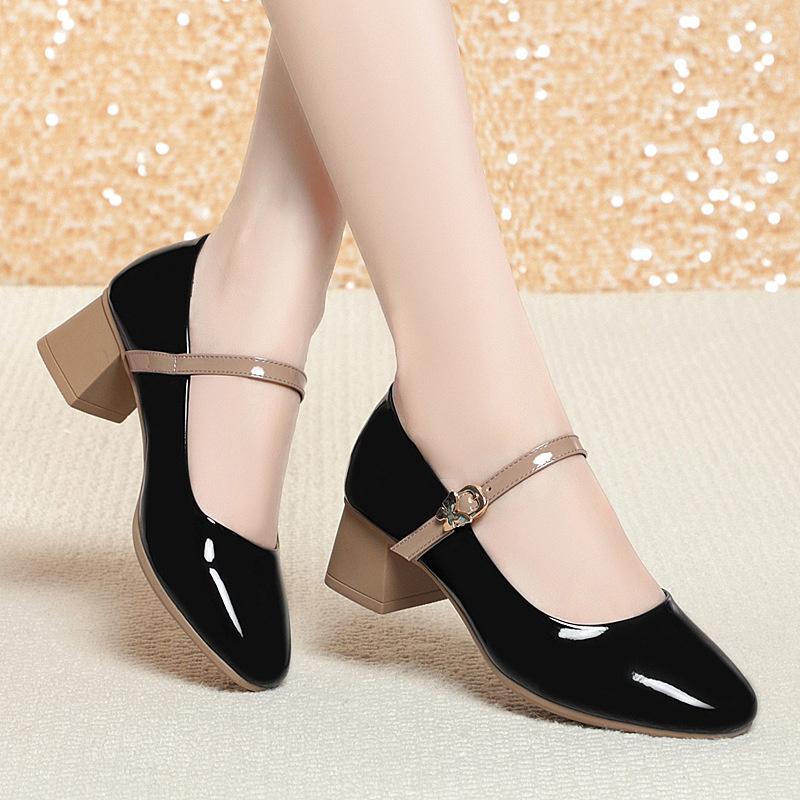 Spring New Women's Black Mary Jane Shoes Soft Leather Square Heel Dress Shoes Shallow Mouth Buckle Strap Single Shoes