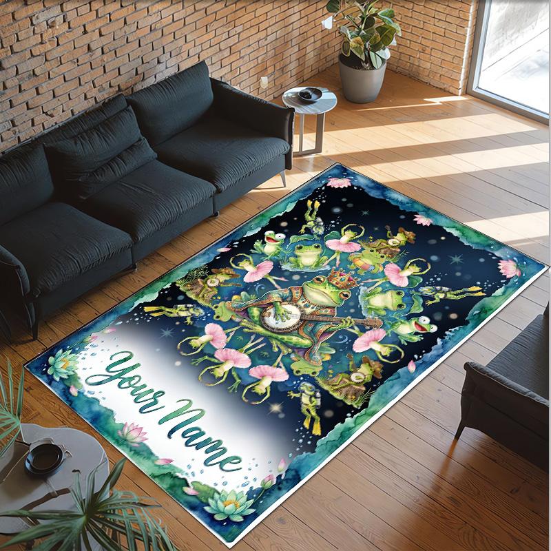 Frog Theme Crystal Velvet Floor Rug Personalized Custom Name Text Warm Carpet Home Decoration