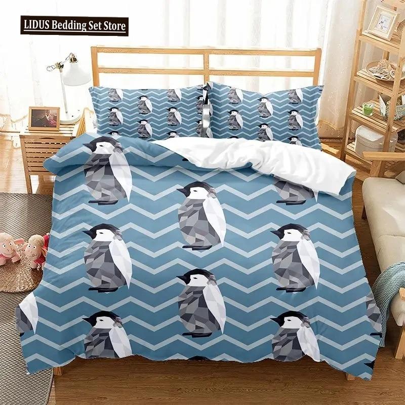 Cartoon Penguin Duvet Cover Collection For Boys Girl Animated Antarctic Animal Polyester Quilt Cover White Black King Queen Size