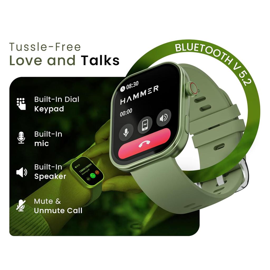 Hammer Умные часы Tussle с дисплеем HD 2,01 дюйма, вызовы по Bluetooth, вращающаяся заводная головка, голосовой помощник, встроенные игры, интеллектуальные уведомления (Зеленый свет лайма)