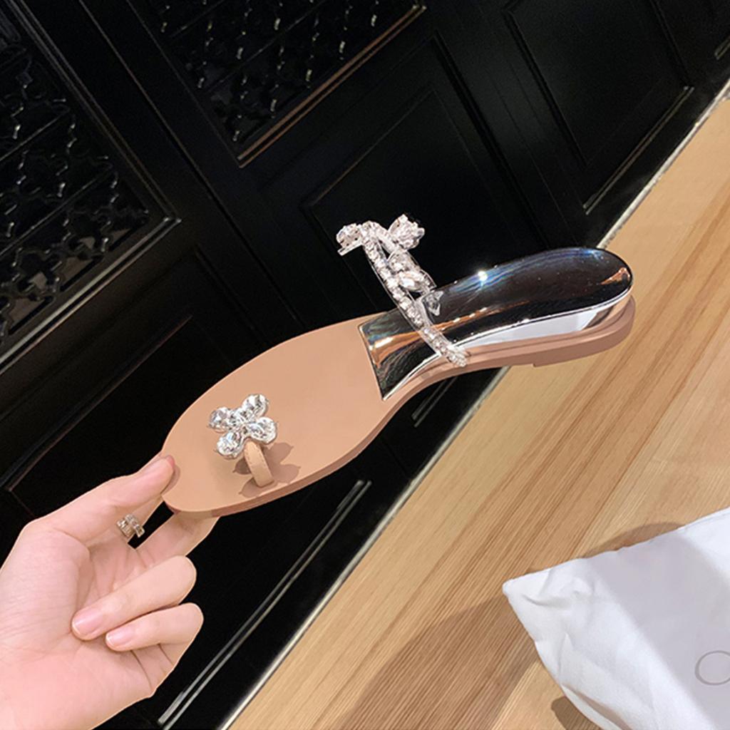 2025 Summer New Women's Pearl Round Head Flat Bottom Rhinestone Lace One Word with Comfortable Two Wear Cool Slippers