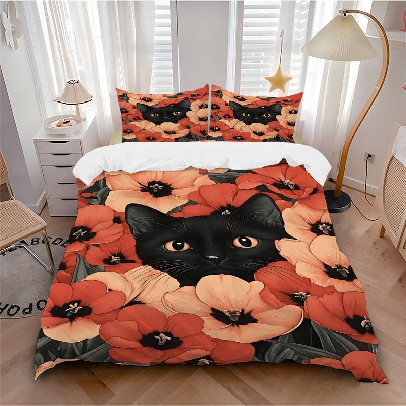 3pcs Black Cat Print Duvet Cover Set - Machine Washable, Includes 1 Cover and 2 Pillowcases, No Core Included yy251013081