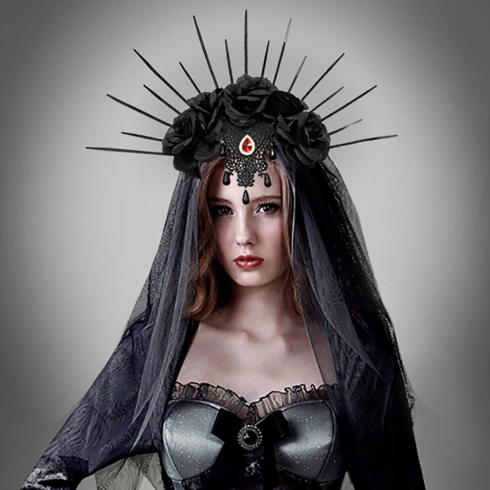 Halloween Wedding Dress Veil Headband Goth Crown Mesh Black Rose Retro