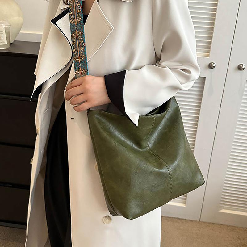 Vintage Solid Color Women Shoulder Sling Bag High-Capacity Simple Wide Strap Bucket Crossbody Bag