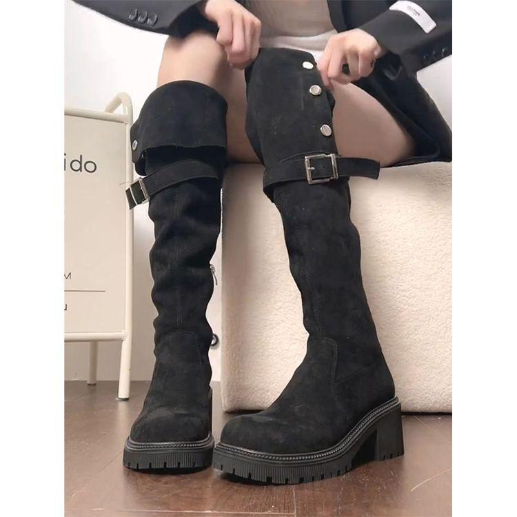 Western Knee Boots Women's High Boots French Retro Black Outer Wear Thick-soled Boots Increase the Height of Autumn and Winter New Models